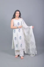 Ivory & Indigo Floral Block Printed Sleeveless Cotton Kurta Set with Dupatta