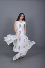 Ivory & Indigo Floral Block Printed Sleeveless Cotton Kurta Set with Dupatta - Image 2
