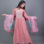 Dusty Rose Embroidered Anarkali Kurta Set with Printed Organza Dupatta