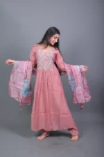 Dusty Rose Embroidered Anarkali Kurta Set with Printed Organza Dupatta