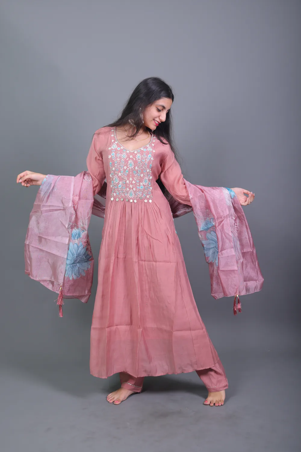 Copy of 0L9A5638 Dusty Rose Embroidered Anarkali Kurta Set with Printed Organza Dupatta - Image 1