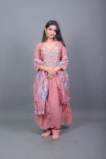 Dusty Rose Embroidered Anarkali Kurta Set with Printed Organza Dupatta - Image 2