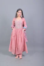 Dusty Rose Embroidered Anarkali Kurta Set with Printed Organza Dupatta - Image 3