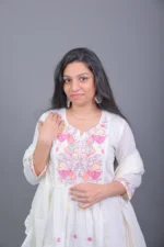 Off-White Embroidered Flared Anarkali Kurta Set with Dupatta - Image 3