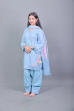 Powder Blue Embroidered Kurta with Salwar & Dupatta - Image 4