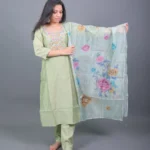 Pistachio Green Mirror Embroidered Silk Blend Kurta Set with Floral Organza Dupatta