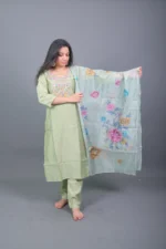 Pistachio Green Mirror Embroidered Silk Blend Kurta Set with Floral Organza Dupatta