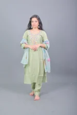 Pistachio Green Mirror Embroidered Silk Blend Kurta Set with Floral Organza Dupatta - Image 2