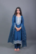 Teal Blue Heavy Embroidered Silk Blend Kurta Set with Sheer Dupatta - Image 2