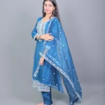 Teal Blue Heavy Embroidered Silk Blend Kurta Set with Sheer Dupatta