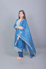 Teal Blue Heavy Embroidered Silk Blend Kurta Set with Sheer Dupatta