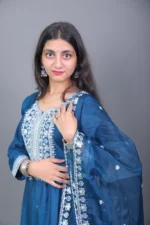 Teal Blue Heavy Embroidered Silk Blend Kurta Set with Sheer Dupatta - Image 3