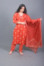 Rust Orange Floral Printed Cotton Kurta Set with Dupatta - Image 2