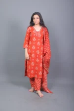 Rust Orange Floral Printed Cotton Kurta Set with Dupatta - Image 3