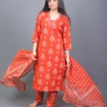Rust Orange Floral Printed Cotton Kurta Set with Dupatta