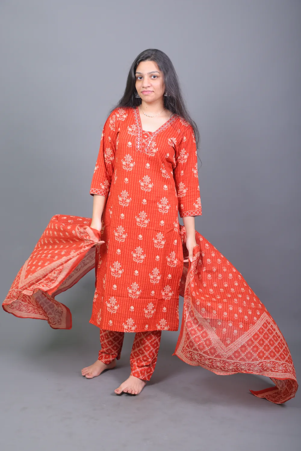 Copy of 0L9A5759 Rust Orange Floral Printed Cotton Kurta Set with Dupatta - Image 1
