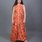 Rust Orange Floral Printed Sleeveless Tiered Maxi Shirt frock