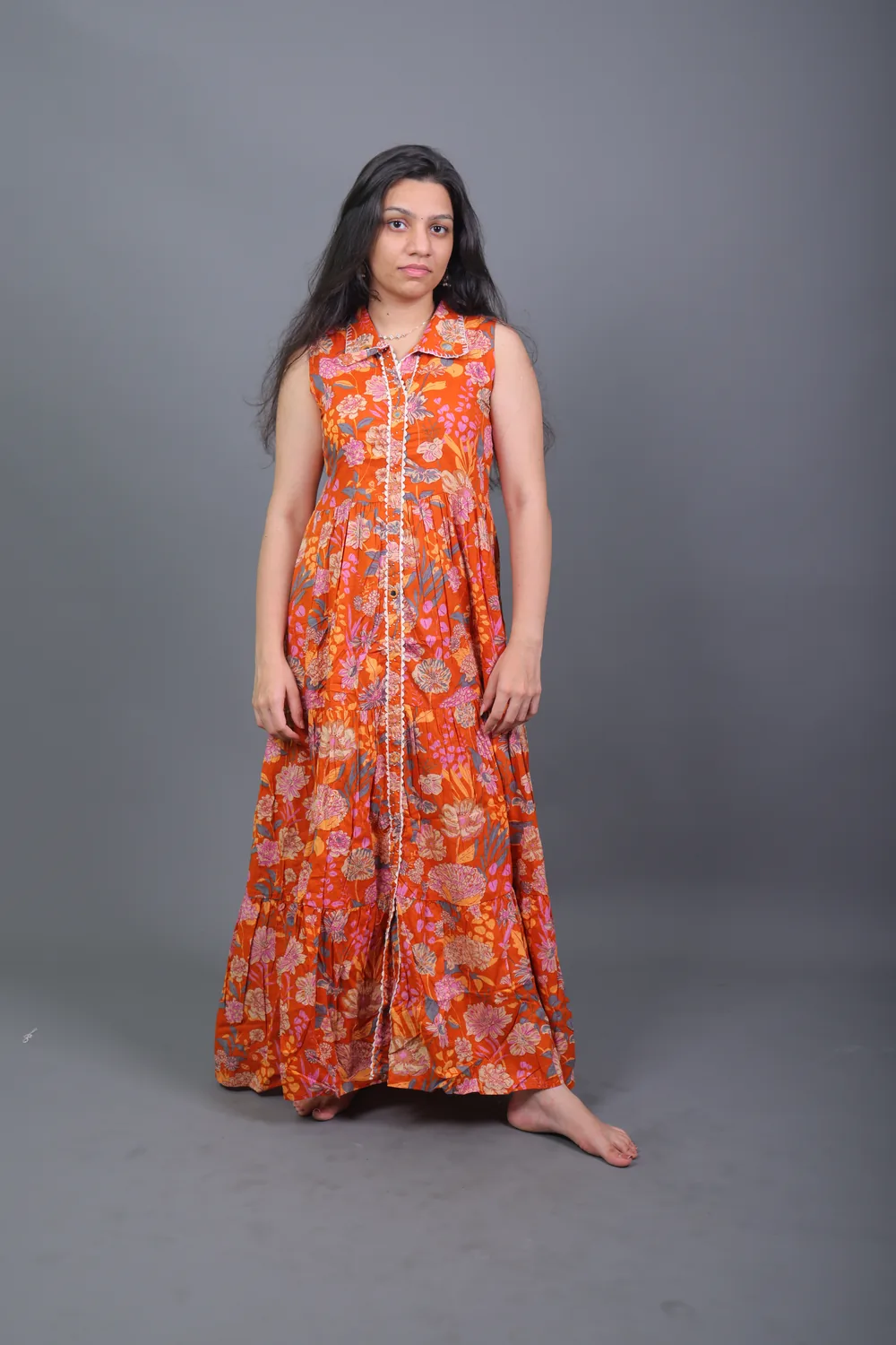 Copy of 0L9A5774 Rust Orange Floral Printed Sleeveless Tiered Maxi Shirt frock - Image 1