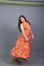 Rust Orange Floral Printed Sleeveless Tiered Maxi Shirt frock - Image 2
