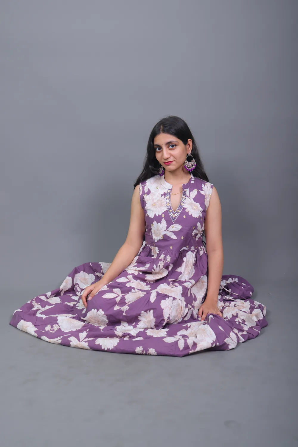 Copy of 0L9A5815 Purple Floral Printed Sleeveless Tiered Maxi frock - Image 1