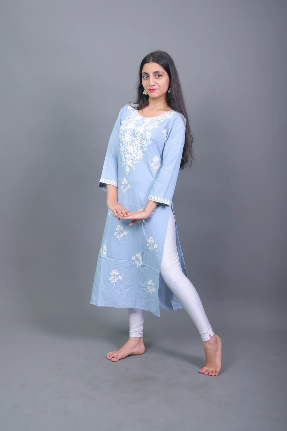 Copy of 0L9A5839 Pastel Blue Chikankari Hand-Embroidered Cotton Straight Kurta - Image 1