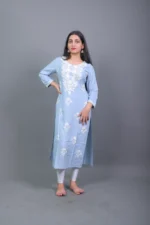 Pastel Blue Chikankari Hand-Embroidered Cotton Straight Kurta - Image 2