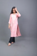 Blush Pink Chikankari Hand-Embroidered Cotton Straight Kurta