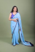 Sky Blue Floral Embroidered Saree - Image 2