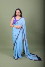 Sky Blue Floral Embroidered Saree - Image 5