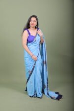 Sky Blue Floral Embroidered Saree - Image 4