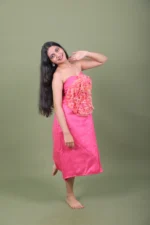 Hot Pink 3D Organza Ruffle Flower Strapless Tube Midi Dress