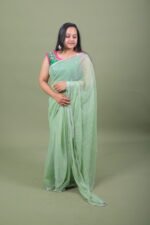 Mint Green Shimmer Organza Saree with Silver Sequin Bootis & Scallop Border - Image 2