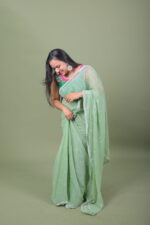 Mint Green Shimmer Organza Saree with Silver Sequin Bootis & Scallop Border - Image 3