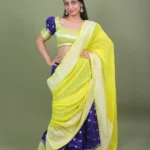 Lime Yellow & amp Royal Blue Banarasi Silk Half Saree Lehenga Set with Dupatta