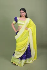 Lime Yellow & amp Royal Blue Banarasi Silk Half Saree Lehenga Set with Dupatta
