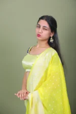 Lime Yellow & amp Royal Blue Banarasi Silk Half Saree Lehenga Set with Dupatta - Image 4