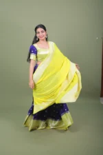 Lime Yellow & amp Royal Blue Banarasi Silk Half Saree Lehenga Set with Dupatta - Image 2