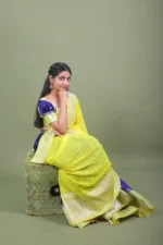 Lime Yellow & amp Royal Blue Banarasi Silk Half Saree Lehenga Set with Dupatta - Image 3