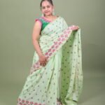 Pistachio Light Green Floral Embroidered Chanderi Silk Saree with Scallop Zari Border