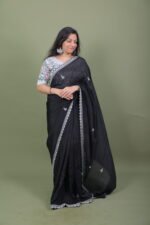 Black Saree with Floral Embroidered Blouse - Image 4