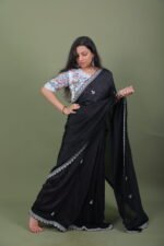 Black Saree with Floral Embroidered Blouse - Image 3