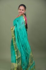 Turquoise Organza Saree with Zari Border - Image 4