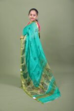 Turquoise Organza Saree with Zari Border - Image 3