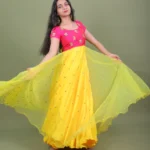 Mustard Yellow & Rani Pink Embroidered Layered Anarkali Gown with Sheer Flared Cape Overlay