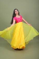 Mustard Yellow & Rani Pink Embroidered Layered Anarkali Gown with Sheer Flared Cape Overlay