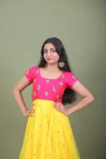 Mustard Yellow & Rani Pink Embroidered Layered Anarkali Gown with Sheer Flared Cape Overlay - Image 4