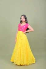 Mustard Yellow & Rani Pink Embroidered Layered Anarkali Gown with Sheer Flared Cape Overlay - Image 3