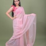 Blush Baby Pink Embroidered Organza Saree with Scalloped Gota Borders