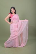 Blush Baby Pink Embroidered Organza Saree with Scalloped Gota Borders