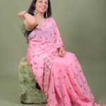Blush Pink Floral Embroidered Chanderi Silk Saree with Scallop Zari Border